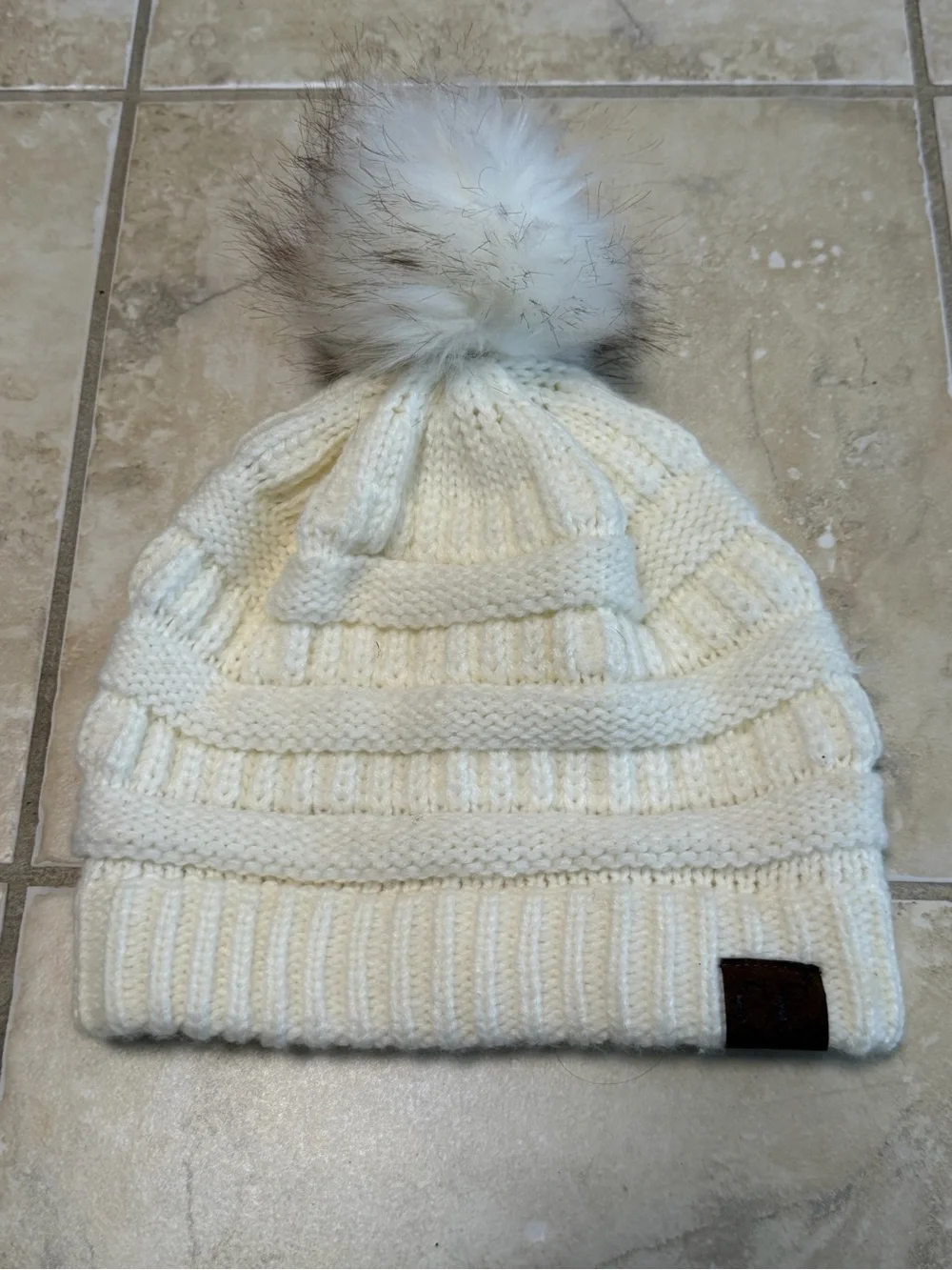 C.C Exclusives Women’s Knit Beanie Cream Faux Fur Pom Pom Winter Hat One Size